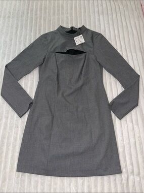 Zara Gray Long-Sleeve Shift Dress with Front Cutout NWT | Size Large